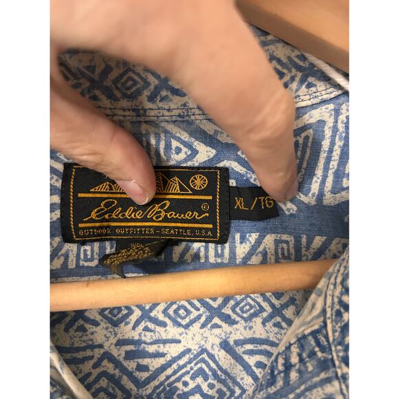 Vintage Eddie Bauer Outdoor Outfitters Shirt XL Blue Geometric Tribal Print - Picture 2 of 8